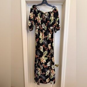 Black Tropical Floral Off-Shoulder Maxi Dress